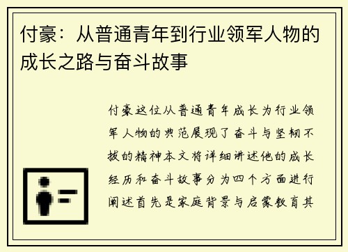 付豪：从普通青年到行业领军人物的成长之路与奋斗故事